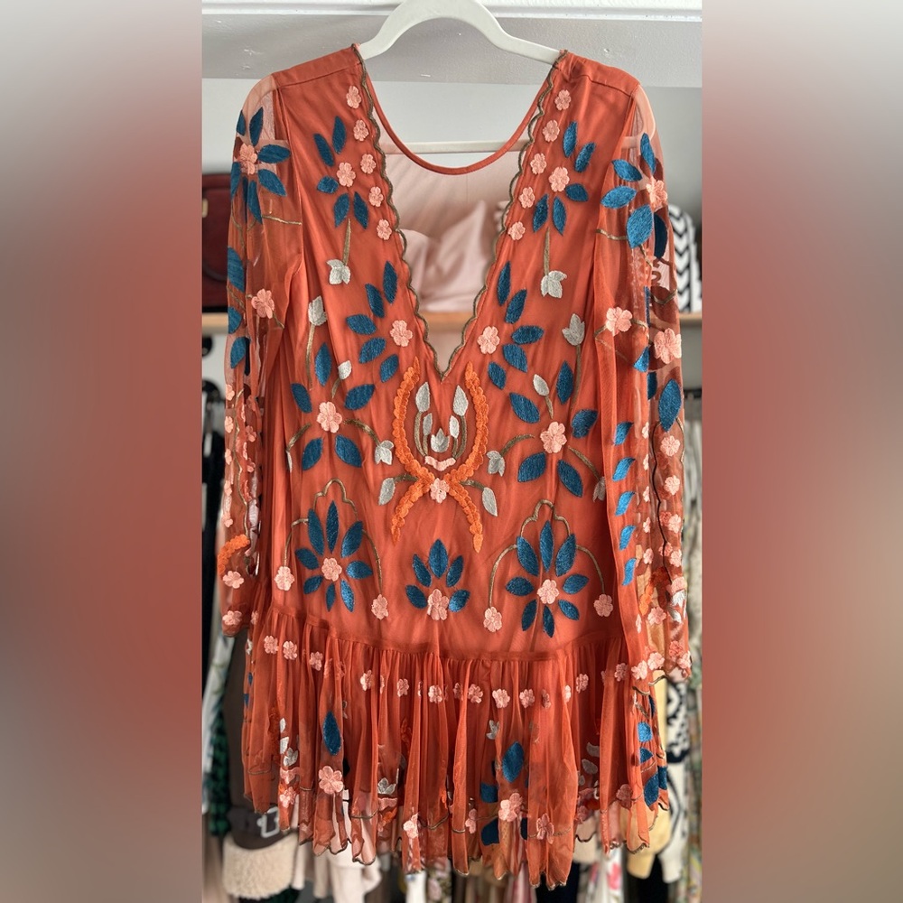 Free People Hearts Are Wild Embroidered Tulle Dress in Rust - Small. - Picture 4 of 10